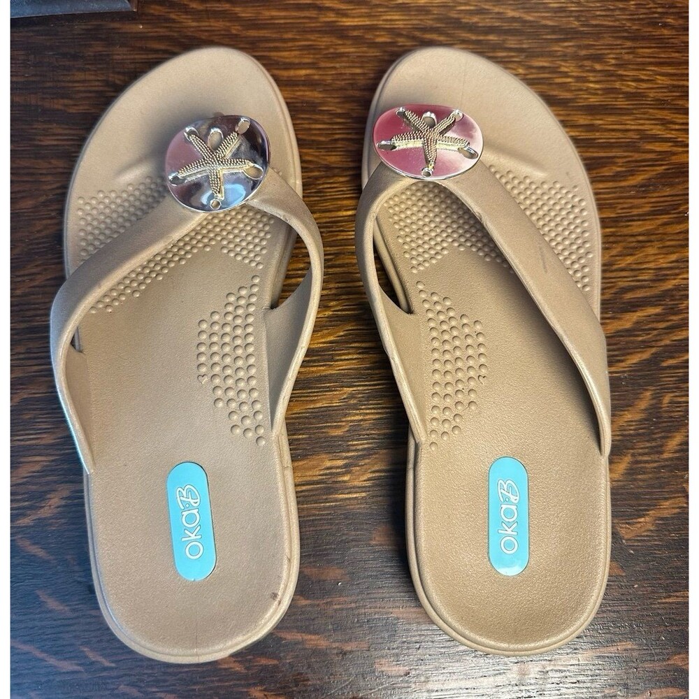 Oka-B "Kylie" Wedge Flip Flop Women's Tan Flip Flops with Starfish Embellishment
